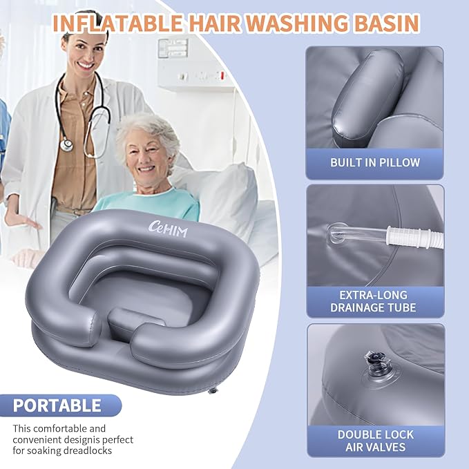 Inflatable Shampoo Basin - Portable Shampoo Bowl, Hair Washing Basin for Bedridden, Disabled,Injured, Hair Wash Tub for Dreadlocks and at Home Sink Washing (Silver)