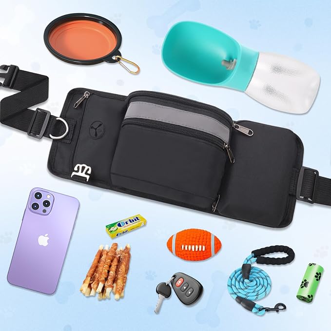 Dog Treat Pouch for Leash Waist Belt Bag, Premium Dog Treat Bag for Dogs Training Puppy Walking Fanny Pack with Divider Zipper Carrier Pocket, Water Bottle Holder, Silicone Insert,Clip,Black
