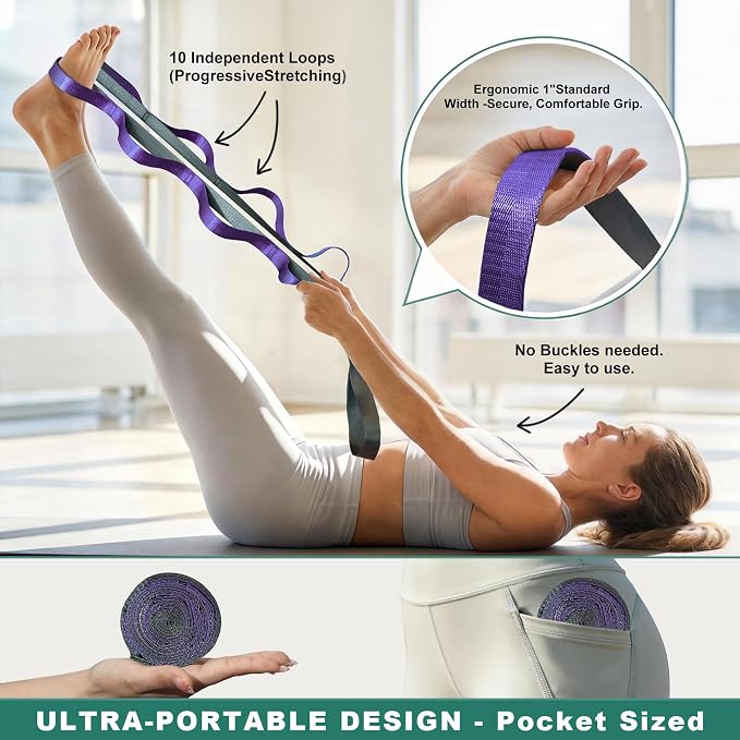 Acozycoo Stretching Strap with Loops,Non-Elastic Yoga Strap for Physical Therapy,Knee Replacement Recovery & Plantar Fasciitis,Leg Stretcher Band for Flexibility & Hamstring Rehab