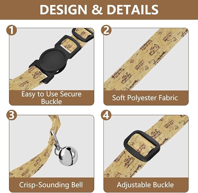 Vintage Music Musical Notes Dog Collars for Small Dogs, 2 Pack Collar with Bell for Dog Puppy