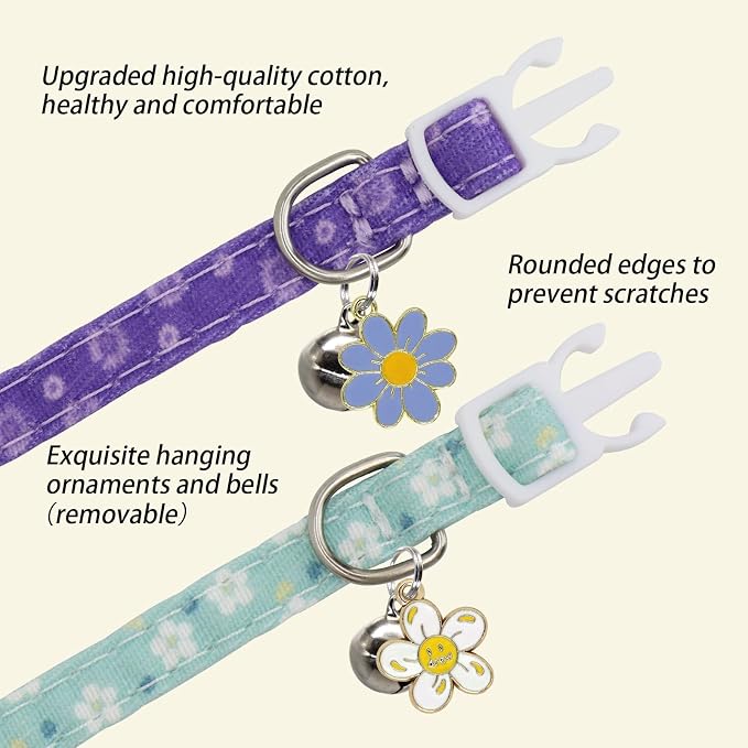 Cat Collars for Girl Cats & Boys, 2 Pack Soft Cotton Breakaway Collar with Removable Bell and Cute Charms, Adjustable Safety Pet Necklace, Flower