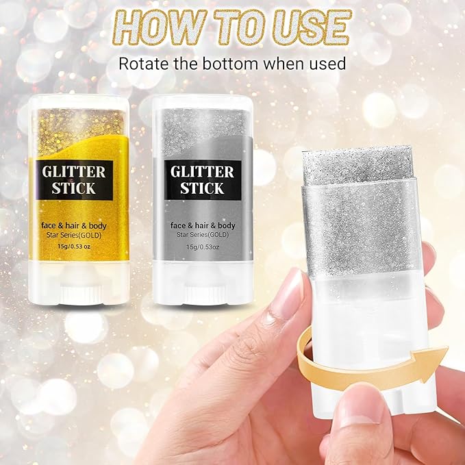 2PCS Face Body Glitter Stick,Gold Silver Hair Glitter Stick for Kids Women,Roll on Body Face Glitter Gel Makeup Hair Accessories,Silver Face Paint,Halloween Singer Concert Party Accessories
