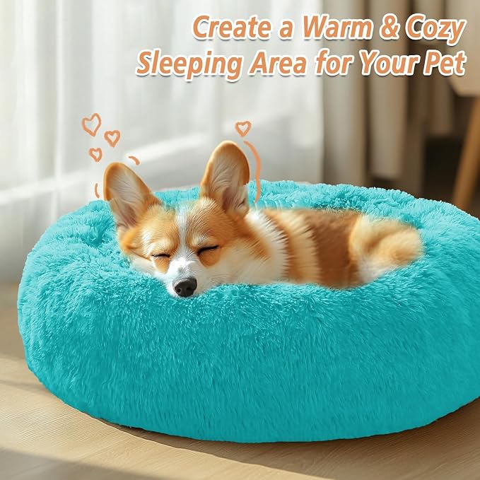 JOLLYVOGUE Calming Dog Bed Medium Size Dog, 31in Donut Washable Medium Pet Bed, Anti-Slip & Anti-Anxiety Fluffy Faux Fur Round Dogs Bed, Fits up to 45 lbs Pets (Aqua Blue)