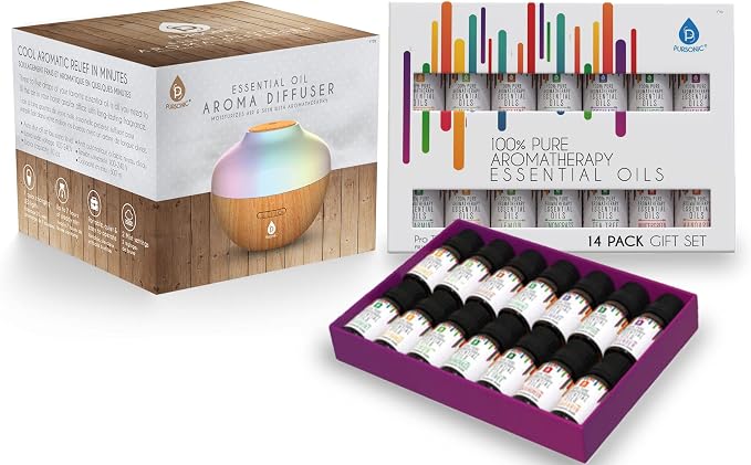 Pursonic Aromatherapy Diffuser & Essential Oil Set-Ultrasonic Diffuser & Top 14 Essential Oils-300ml Diffuser with 2 Mist Settings & 7 Ambient Light Settings-Therapeutic Grade Essential Oils