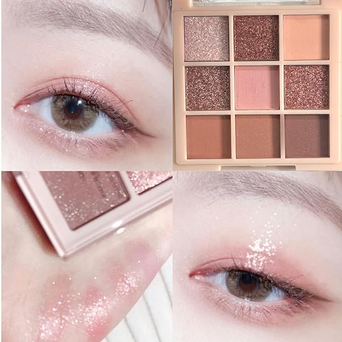 9 Colors Glitter Shimmer Eyeshadow Makeup Palette, Korean Natural Eye Shadow Palettes Highly Pigmented Long Lasting Waterproof Blendable sombras para ojos Pink Golden Brown Women Girls Eye Shadow