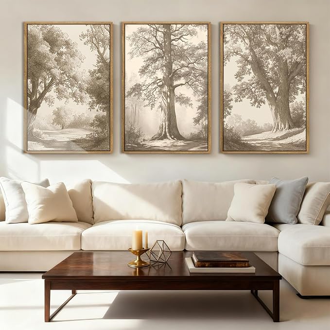 Vintage Tree Canvas Wall Art Framed Rustic Tree Landscape Sketch Antique Painting Neutral Forest Wall Decor 24x36 Inch Farmhouse Botanical Set of 3 for Living Room Bedroom