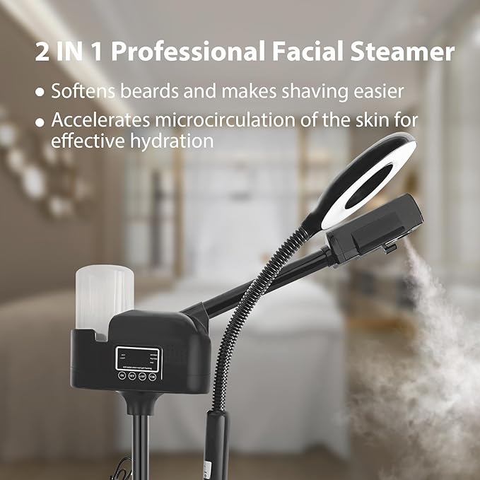 Professional Facial Steamer 2 in1 Steamer for Face 5X LED Magnifying Lamp Hot Ozone Facial Steamer for Esthetician Beauty Face Equipment Use at Home or Salon（Black）