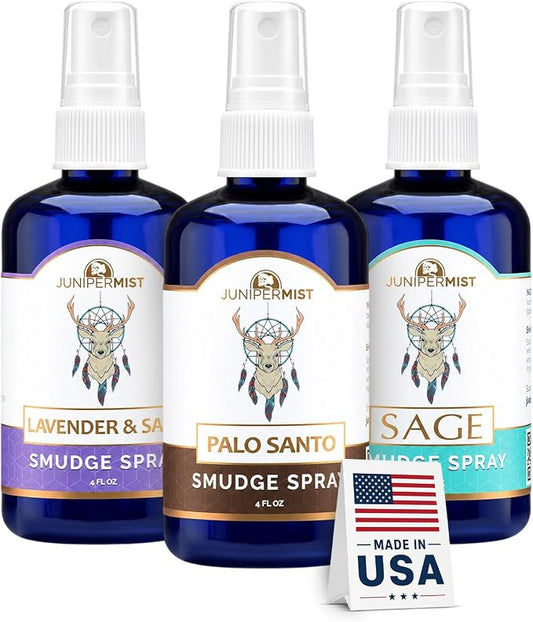 Smudge Spray Gift Set of 3 (114ml), Sage Spray, Palo Santo & Lavender Spray for Cleansing Negative Energy, Spiritual Room Spray Set, Smudge Kit Alternative, Essential Oil Spray