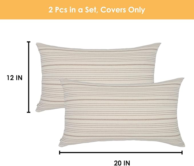 Tan Outdoor Striped Set of 2 Throw Pillow Covers 12x20 Cream Beige | Pack of 2 Pillow Cases Farmhouse Decorative Square Throw Pillows for Couch Sofa Bed