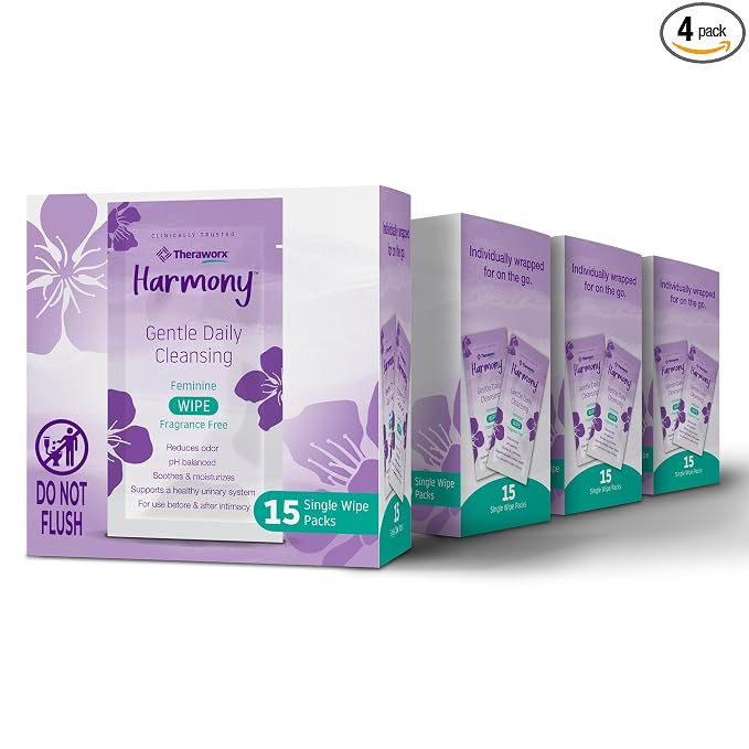 Theraworx Harmony Gentle Daily Cleansing Feminine Wipes Fragrance Free, Reduces Odor, Individually Wrapped, Travel Size – 15 Count (Pack of 4)