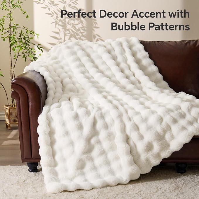 BEDELITE Faux Fur Throw Bubble Blanket for Couch, 50" x 60", Cream | 870GSM Soft Cozy Plush Blanket for Sofa & Bed Living Room Decor, Warm Fuzzy Faux Rabbit Fur for Women Gift, All Season Use