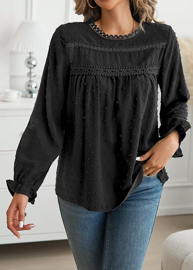 Womens Boho Tops Long Sleeve Shirts For Women Cute Crewneck Blouse Dressy Casual Swiss Dot Crochet Hollow Top 2026