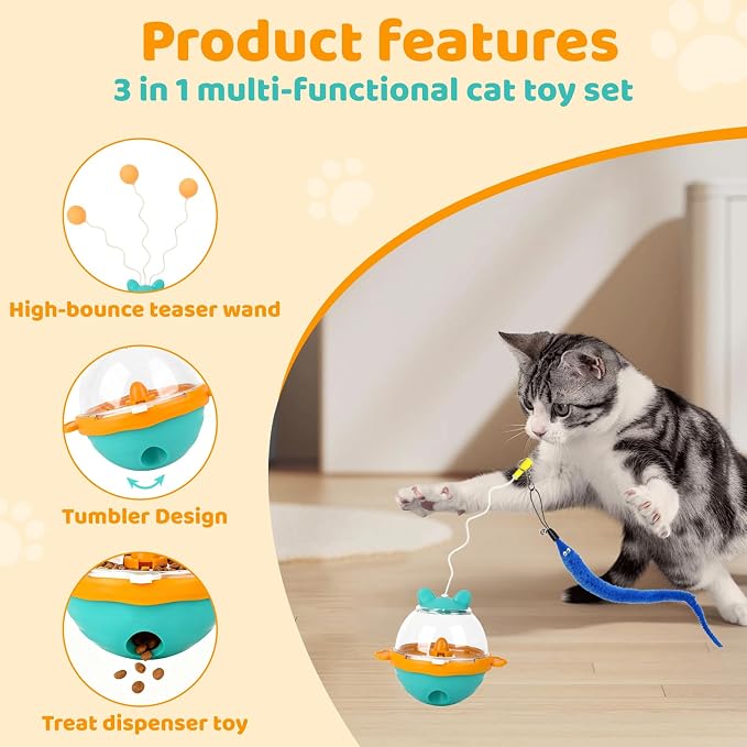 Pet Fit For Life Tumbler Treat Dispenser Cat Toy with Ball, Worm & Hook Attachment - Mental Interactive Wobble Puzzle Feeder for Indoor Cats, Snack Dispensing Spinner for Kitty Play - Orange, Medium
