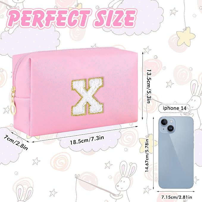 URSKYTOUS Initial Makeup Bag Personalized Preppy Travel Small Cosmetic Bag Cute PU Pink Chenille Letter Makeup Pouch for Purse Waterproof Zippered Toiletry Organizer for Women Girls Kids Friends (X)