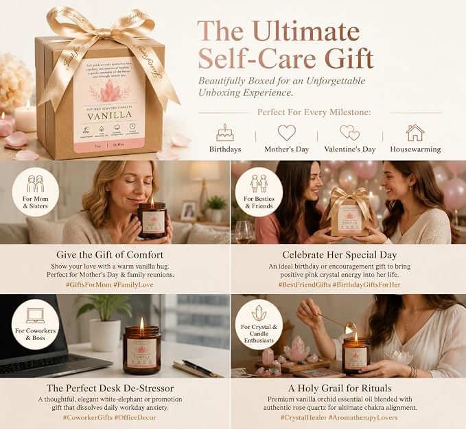 Vanilla Soy Candle with Crystal 7oz Scented Candles Aromatherapy Candle | Up to 40 Hours Burning Time | 100% Natural Soy Wax Jar Candle for Home Yoga | Gift Crystal Candle for Women