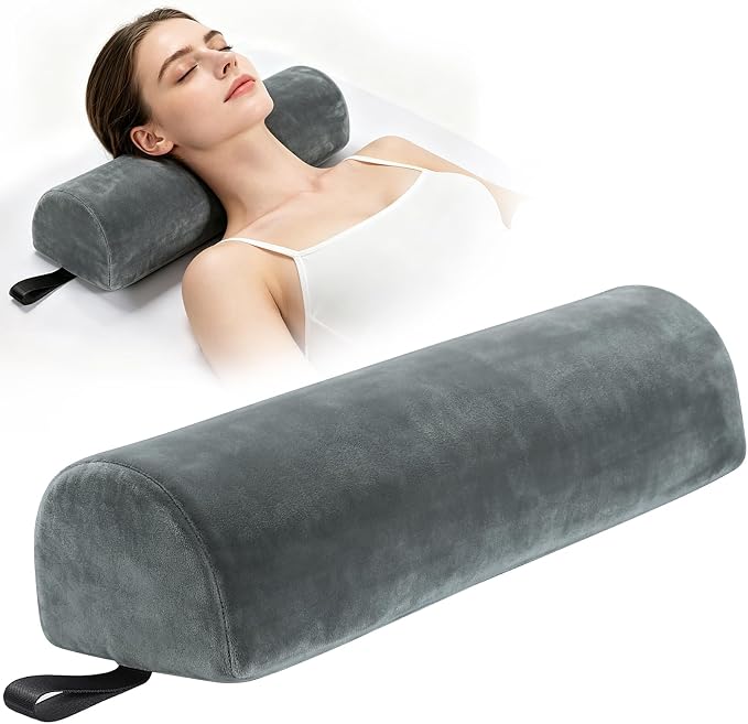 Half Round Neck Bolster for Massage Table, 17 x 6 x 4 in Velvet Half Moon Pillow for Sleeping Pain Relief Massage Table Leg Pillow w/Strap Handle, Machine Washable Knee Bolster for Massage Bed - Gray