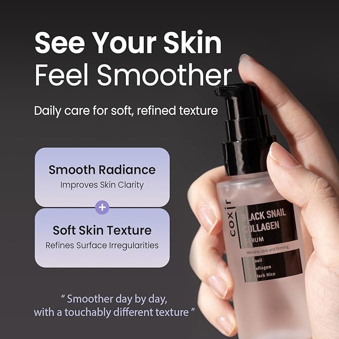 coxir Black Snail Collagen Serum – Concentrated Snail Mucin Essence for Skin Resilience, Hydration & Smooth Texture | Lightweight Korean Facial Serum for Daily Moisture Care(1.69 fl.oz)