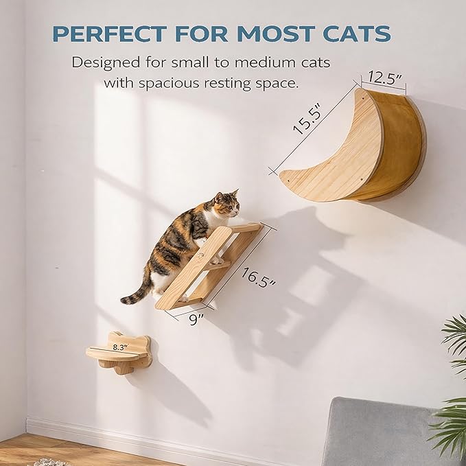 Cat Wall Shelves Set,Solid Wood Moon Bed,Perch & Stair for Climb and Rest | 3-in-1 Wall-Mounted Cat Furniture;16-Inch Stud Wall;Hold Up to 40 lb;Wall & Corner Setup;Vertical Territory & Active Exercise