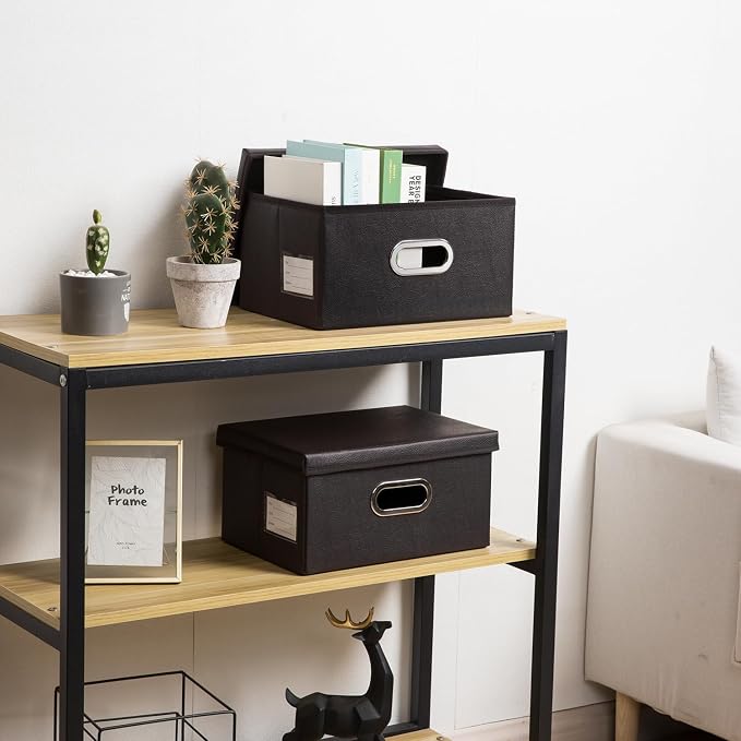 Collapsible Storage Box with Lid [1-Pack] Leather Fabric Foldable Storage Bin Organizer Container Basket Cube with Cover for Home Bedroom Closet Office Nursery Black (13.6x9.6x6.9)