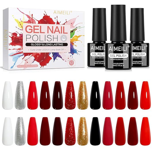 AIMEILI Christmas Gel Nail Polish Set 12pcs, Hema Free, Cruelty Free, Vegan, Soak Off U V LED Red White Glitter Polish Nail Art Manicure - Kit 43