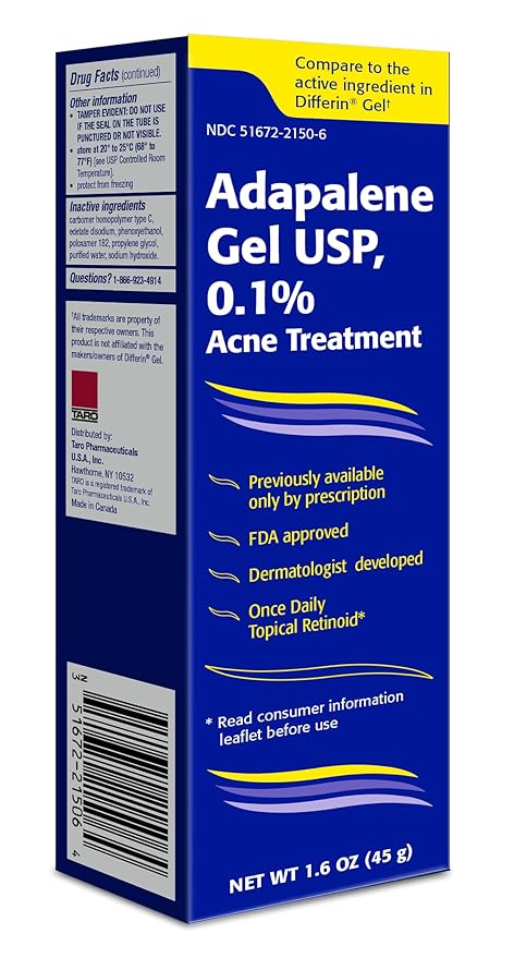 TARO Adapalene 0.1% USP Gel, Paraben Free, Retinoid Acne-Prone Facial Treatment for Sensitive Skin, Prescription Strength (1.6 Oz)