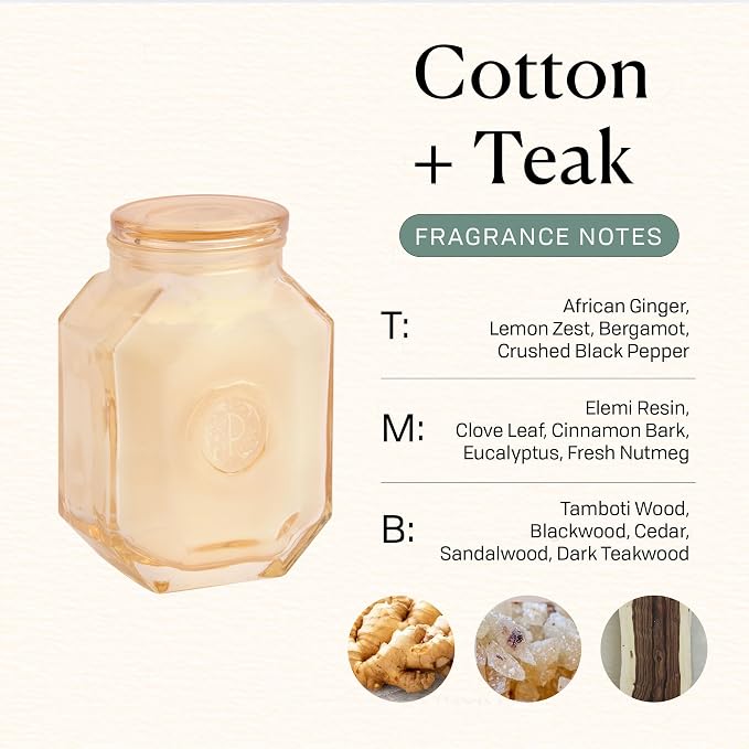 Paddywax Botanica Scented Candle with Lid in Reusable Embossed Glass Jar, Clean-Burn Soy Candle with Approx. 56 Hour Burn Time, Cotton & Teak, 8 oz