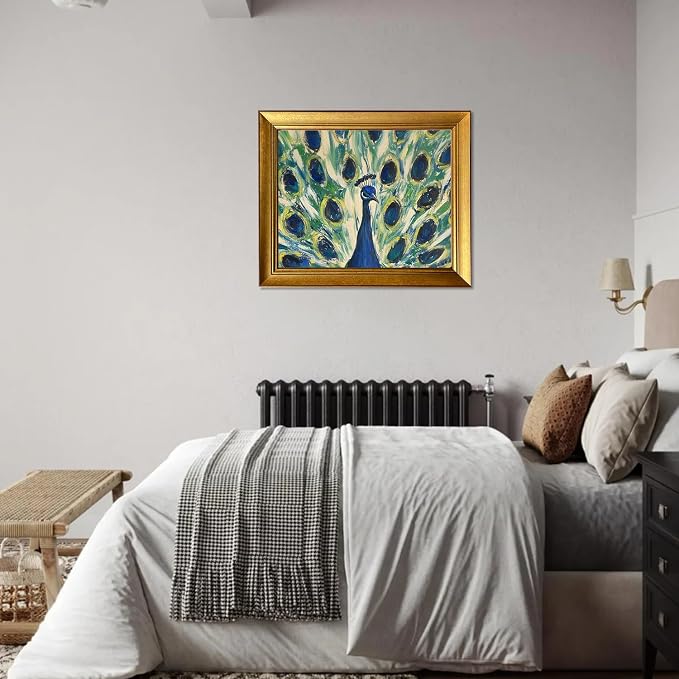 Vintage Gold Framed Canvas Wall Art Peacock Oil Painting Bird Boho Artworks for Bedroom Living Room Bathroom