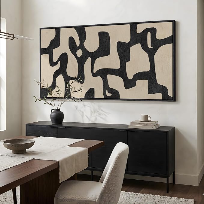 Large Framed Neutral Abstract Wall Art, Black Beige Mid Century Modern Vertical Canvas Prints Paintings Artwork for Walls, Organic Pictures Wall Decor for Hallway Living Room Bedroom Office, 30x60 In
