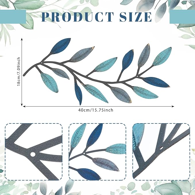 Zhengmy 2 Pcs Metal Leaf Wall Art Vine Branch Decor,Vintage Blue | Olive Branch Metal Decor for Living Room Hallway, Symmetrical Leaf Pair for Doorway Entryway, Lightweight Hanging Art Design