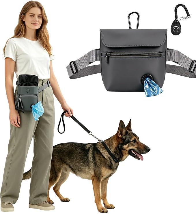 Dog Treat Pouch and Dog Training Clicker, Waterproof Dog Training Treat Bag with Magnetic Closure, Poop Bag Dispenser, Adjustable Waist Belt and Shoulder Strap