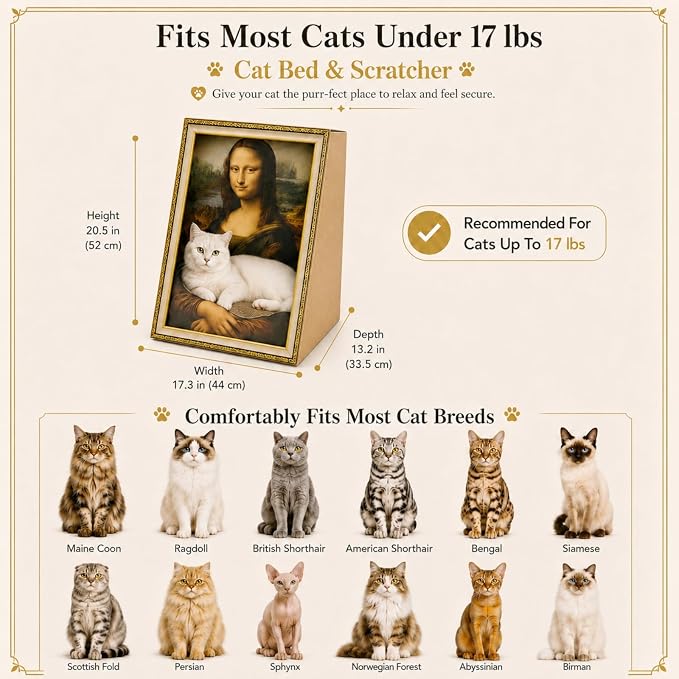 Mona Lisa Cat Bed 3-in-1 Cardboard Cat House with Scratching Pad & Cozy Hideout, Artistic Cat Furniture for Indoor Cats, Decorative Cat Condo for Home Décor Easy Setup, Novelty Gift for Cat Lovers