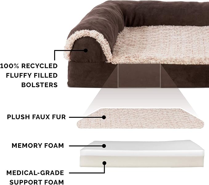 Furhaven Memory Foam Dog Bed for Medium/Small Dogs w/ Removable Bolsters & Washable Cover, For Dogs Up to 35 lbs - Two-Tone Plush Faux Fur & Suede L Shaped Chaise - Espresso, Medium