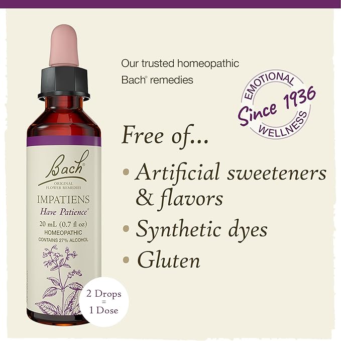 Bach Original Flower Remedies, Impatiens - Have Patience - Natural Homeopathic Flower Essence for Emotional Balance - Vegan, Gluten Free, Sugar Free - 20mL Dropper