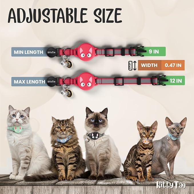 AirTag Cat Collar – Breakaway Reflective & Waterproof Collar with Built-in Holder, Adjustable with Bell for Indoor/Outdoor Cats – AirTag Not Included Red (9-12")