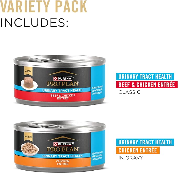 Purina Pro Plan Urinary Cat Wet Food Variety Pack, (12) 5.5 oz Cans | Urinary Tract Health Classic Beef & Chicken and Chicken Entree in Gravy, reduces urinary PH, supports healthy hydration