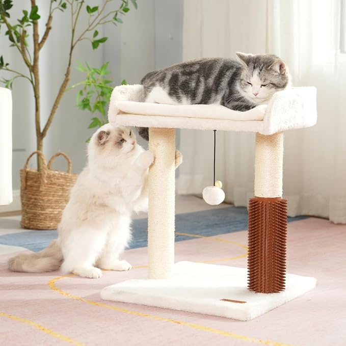 Cat Scratching Post Small Cat Tree with Cat Self Groomer, 15.7x13.7” Wide Top Bed, Natural Scratch Post and Danging Ball Great for Kittens and Average Indoor Cats-Medium Beige