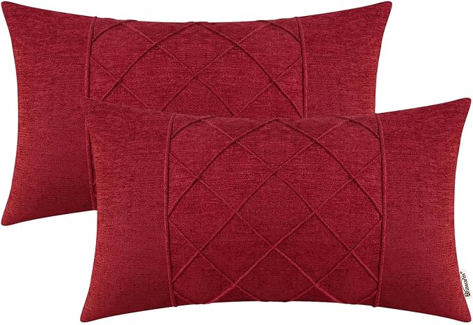 BRAWARM Chenille Throw Pillow Covers 12x20 Inches, Red, 2 Pack | Decorative Lumbar Pleated Pillow Covers, Soft Cushion Cases for Sofa Bed Living Room Home Farmhouse (No Insert)
