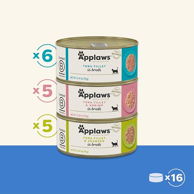 Applaws Fish Variety in Broth Wet Cat Food, 3-Flavor 16-Pack 2.47 oz Cans | 100% Natural, High Quality Ingredients, High Protein, No Artificial Additives, Limited Ingredients