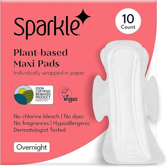 Sparkle Sanitary Pads for Women Overnight, Plant-Based Maxi Pads with Wings | Feminine Pads | Organic Pads | Period Pad Softer Than Cotton Pads, Heavy Absorbency, Unscented (Overnight Pads, 10 Count)