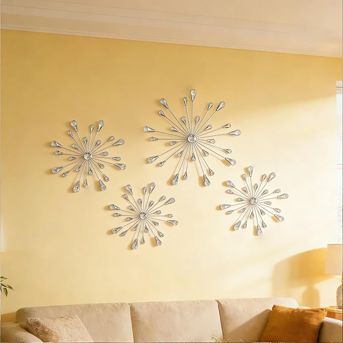 ZEXUIRU 4 Set Silver Starburst Wall Art for Home Decor Metal Bling Crystal Rhinestones Sunburst Wall Decor Sparkling Rhinestone Art Accent -Silver 13in/11.8in/9.8in/9.8in