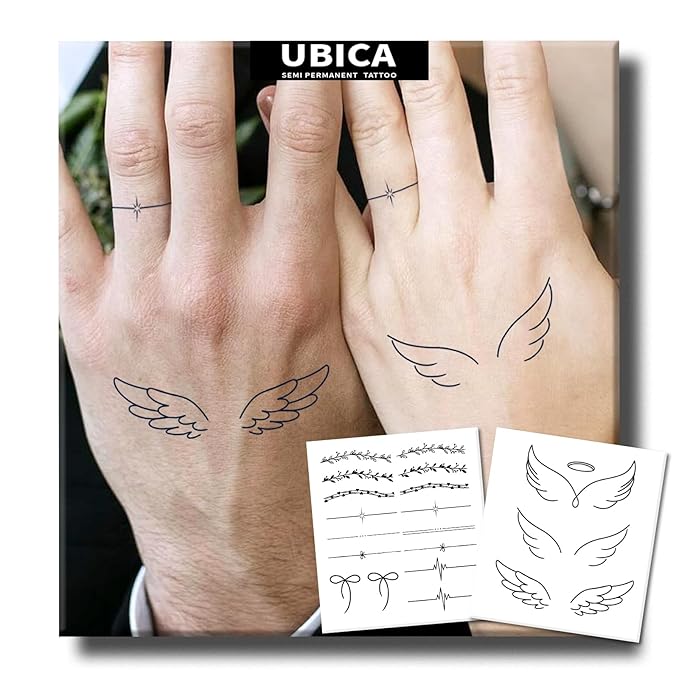 2 Sheets Long Lasting Angel Temporary Fake Tattoos For Women Hand Neck,Angel Wing Semi Permanent Tattoo For Adults Girl,Realistic, Waterproof and Non-Reflective,Minimalist Design
