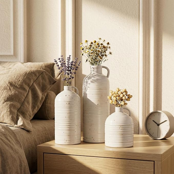 Firehold Ceramic Vase Set of 3 w/Handles, Rustic Farmhouse White Decor Vase | Textured Country Home Decor Vases for Shelf, Mantel, Table Centerpiece, Perfect for Pampas Grass & Dried Flowers