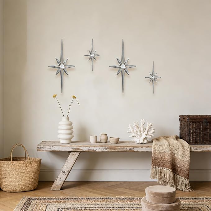 sxnzequnze 4 Pcs Star Wall Art for Home Decor Living Room Bedroom Office Metal 3D,Bling,with Hanging Hook Starburst Midcentury Sculpture Retro Gallery Accent Celestial -Silver 16.5in/9.4in