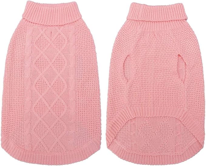 Mihachi Turtleneck Dog Sweater - Winter Coat Apparel Classic Cable Knit Clothes with Leash Hole for Cold Weather, Ideal Gift for Pet in New Year Flesh Pink Medium