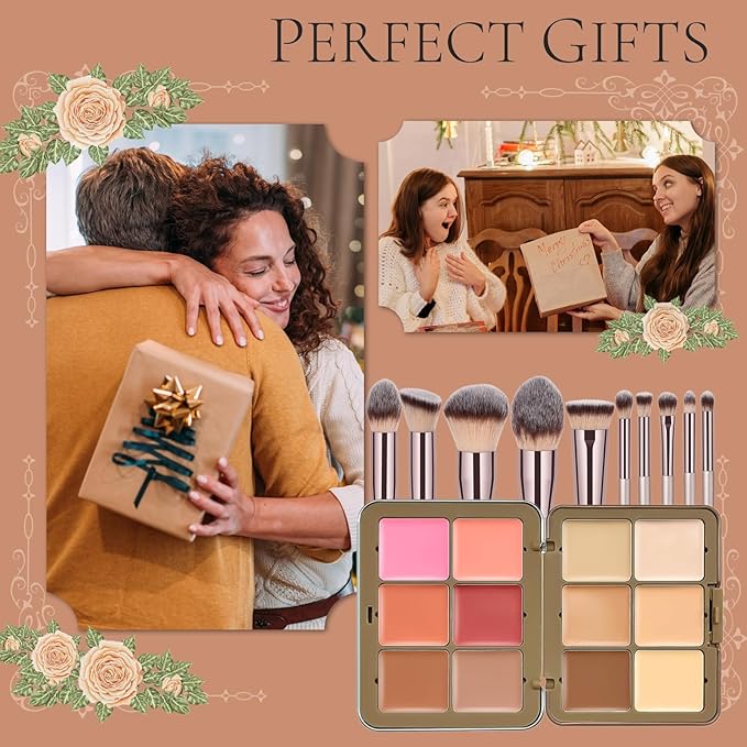 12 Colors Blush Palette, Colour Correcting Concealer Foundation Palette, 10 Makeup Brush Set, Highlighter Bronzer Contour Concealer Cream Matte Long Lasting Brightening Face Cosmetics