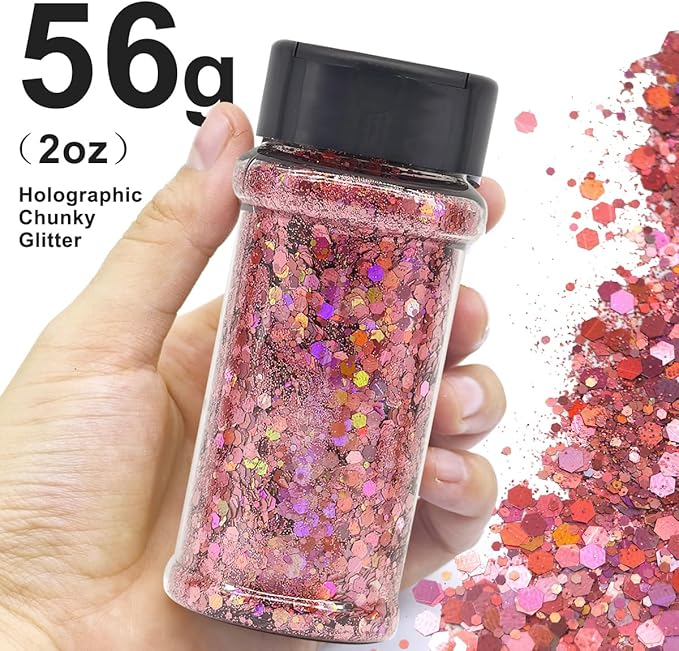 Pink - Holographic Craft Glitter - 2oz Glitter Shaker Bright Colorful Mix Chunky Body Glitter Bulk - 24 Colors in Shaker, Cosmetic Grade Glitter - LB911