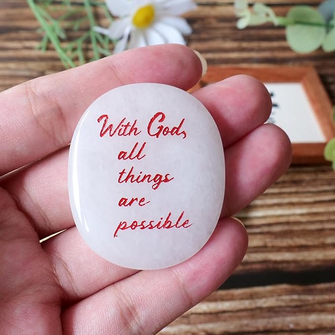 Selenite Crystal Worry Stones - Small Crystals for Big Stress Relief - Cheer Up & Encouragement Gift for Natural Reiki Healing - Real Motivational Strength Rocks - with God, All Things are Possible