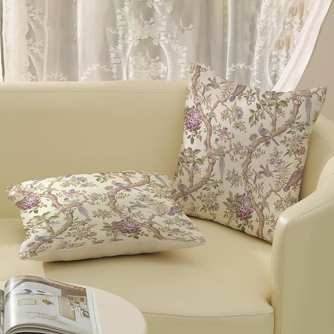 Chinoiserie Pillow Covers 24x24 Set of 2 Purple Green Floral Bird Throw Pillows Vintage Flowers Bird Decorative Pillow Cases Outdoor Chinoiserie Decor Farmhouse Cushion Case for Couch Sofa