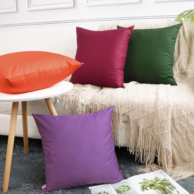 Thmyo 4-Pack 100% Cotton Comfortable Solid Decorative Throw Pillow Case, Square Cushion Cover Pillowcase Sublimation Blank Pillow Covers DIY Throw Pillowcase for Sofa(16x16 inch/ 40x40cm,Purple)