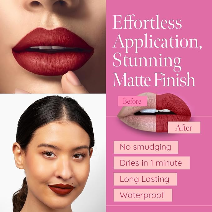 Aromi Matte Liquid Lipstick - Dark Red Lip Color for Women, Velvety Finish, Maroon Shade, Long-Lasting, Waterproof, Vegan (Power Red)